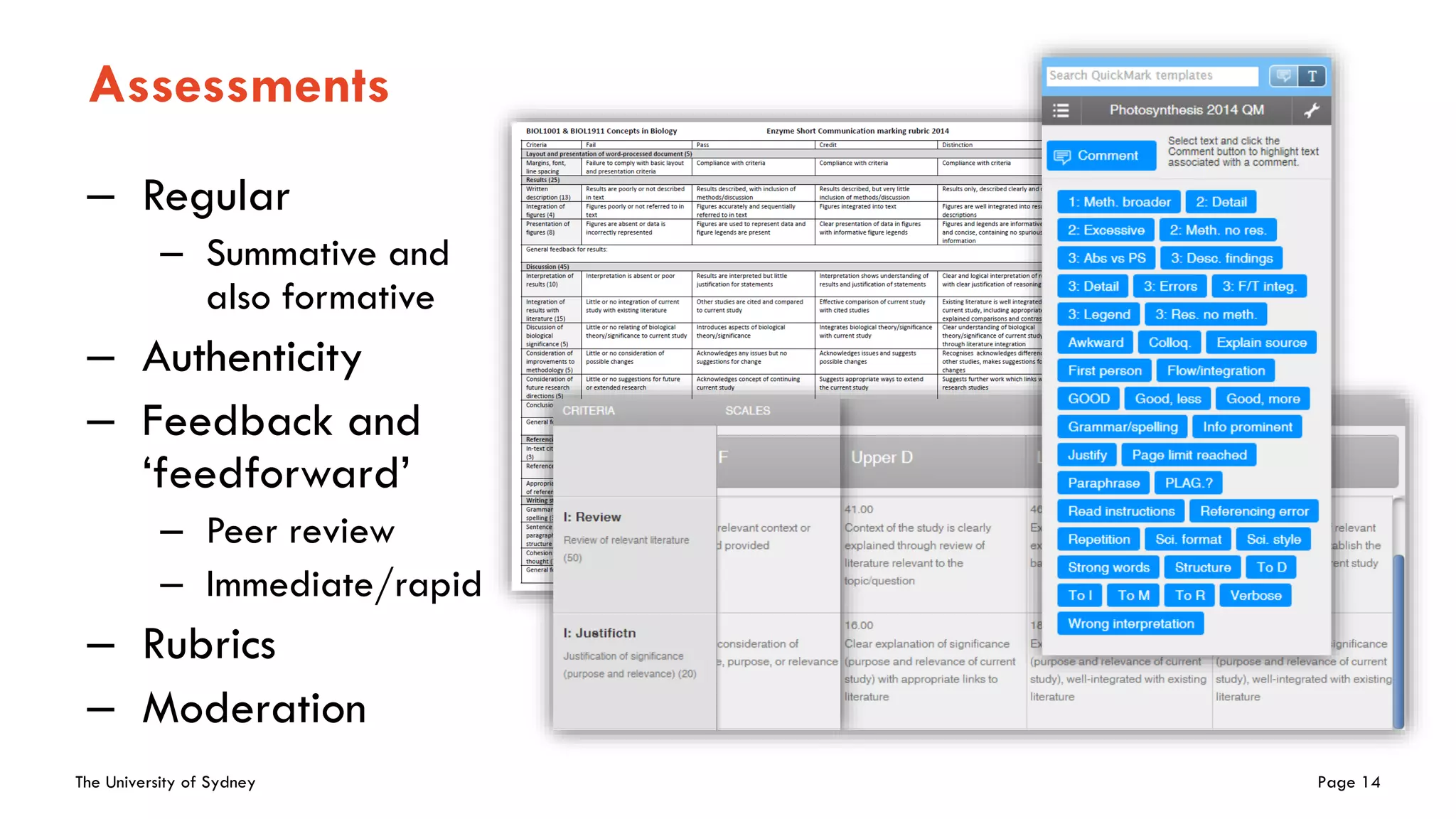 The University of Sydney Page 14
Assessments
– Regular
– Summative and
also formative
– Authenticity
– Feedback and
‘feedforward’
– Peer review
– Immediate/rapid
– Rubrics
– Moderation
 