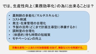 では、生産性向上（業務効率化）の為に出来ることは？
• 薬剤師の多能化（マルチスキル化）
• コスト削減
• 発注・在庫管理の合理化
• 予製の活用（どこまで計画主導型に準備するか）
• 調剤室の合理化
• （体感的）待ち時間の短縮策
• モチベーションの向上
労働生産性（一人当たり付加価値額）をあげ、無駄なコストを削減する。
＊付加価値額（営業利益＋人件費＋租税公課＋動産・不動産貸借料） 10
 
