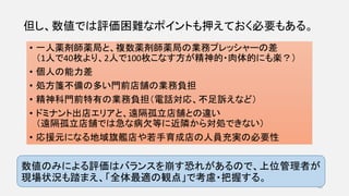 但し、数値では評価困難なポイントも押えておく必要もある。
• 一人薬剤師薬局と、複数薬剤師薬局の業務プレッシャーの差
（1人で40枚より、2人で100枚こなす方が精神的・肉体的にも楽？）
• 個人の能力差
• 処方箋不備の多い門前店舗の業務負担
• 精神科門前特有の業務負担（電話対応、不足訴えなど）
• ドミナント出店エリアと、遠隔孤立店舗との違い
（遠隔孤立店舗では急な病欠等に近隣から対処できない）
• 応援元になる地域旗艦店や若手育成店の人員充実の必要性
43
数値のみによる評価はバランスを崩す恐れがあるので、上位管理者が
現場状況も踏まえ、「全体最適の観点」で考慮・把握する。
 