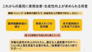 これからの薬局に業務改善・生産性向上が求められる背景
調剤バッシング・分業率の頭打ちで、収益性向上が期待できない。さらに・・・
調剤報酬単価の
減少
事務スタッフの
採用難
若手薬剤師の
士気低下の恐れ
労働生産性の向上はもちろん、適正な人員配置やモチベー
ション向上策を見直す必要がある。（他業種では当たり前で
すが・・・）
様々な困難が今後も待ち構えている
6
 