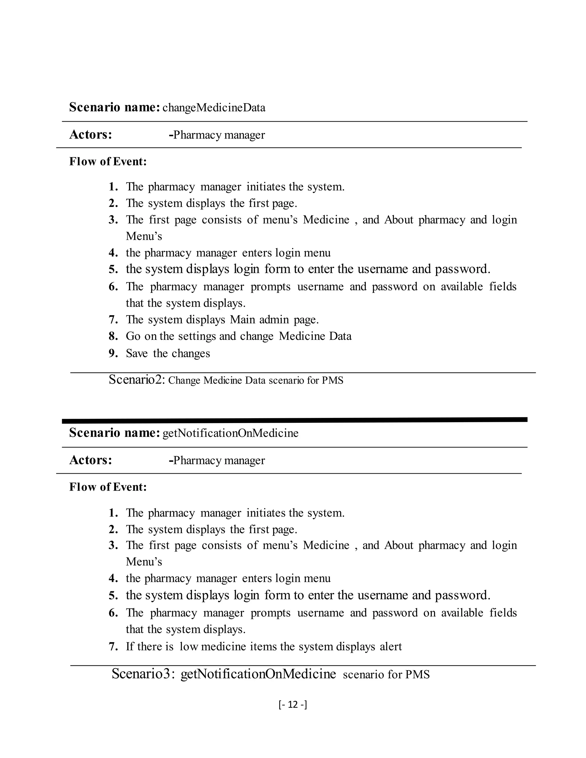 [- 12 -]
Scenario name: changeMedicineData
Actors: -Pharmacy manager
Flow of Event:
1. The pharmacy manager initiates the system.
2. The system displays the first page.
3. The first page consists of menu’s Medicine , and About pharmacy and login
Menu’s
4. the pharmacy manager enters login menu
5. the system displays login form to enter the username and password.
6. The pharmacy manager prompts username and password on available fields
that the system displays.
7. The system displays Main admin page.
8. Go on the settings and change Medicine Data
9. Save the changes
Scenario2: Change Medicine Data scenario for PMS
Scenario name: getNotificationOnMedicine
Actors: -Pharmacy manager
Flow of Event:
1. The pharmacy manager initiates the system.
2. The system displays the first page.
3. The first page consists of menu’s Medicine , and About pharmacy and login
Menu’s
4. the pharmacy manager enters login menu
5. the system displays login form to enter the username and password.
6. The pharmacy manager prompts username and password on available fields
that the system displays.
7. If there is low medicine items the system displays alert
Scenario3: getNotificationOnMedicine scenario for PMS
 