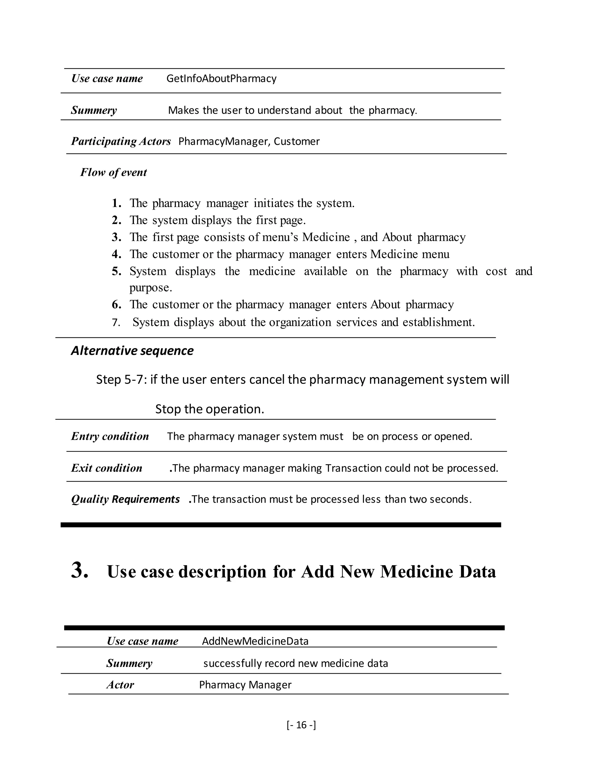 [- 16 -]
Use case name GetInfoAboutPharmacy
Summery Makes the user to understand about the pharmacy.
Participating Actors PharmacyManager, Customer
Flow of event
1. The pharmacy manager initiates the system.
2. The system displays the first page.
3. The first page consists of menu’s Medicine , and About pharmacy
4. The customer or the pharmacy manager enters Medicine menu
5. System displays the medicine available on the pharmacy with cost and
purpose.
6. The customer or the pharmacy manager enters About pharmacy
7. System displays about the organization services and establishment.
Alternative sequence
Step 5-7: if the user enters cancel the pharmacy management system will
Stop the operation.
Entry condition The pharmacy manager system must be on process or opened.
Exit condition .The pharmacy manager making Transaction could not be processed.
Quality Requirements .The transaction must be processed less than two seconds.
3. Use case description for Add New Medicine Data
Use case name AddNewMedicineData
Summery successfully record new medicine data
Actor Pharmacy Manager
 