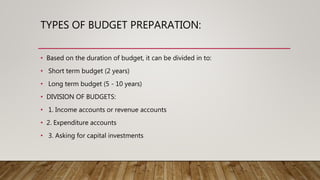 TYPES OF BUDGET PREPARATION:
• Based on the duration of budget, it can be divided in to:
• Short term budget (2 years)
• Long term budget (5 - 10 years)
• DIVISION OF BUDGETS:
• 1. Income accounts or revenue accounts
• 2. Expenditure accounts
• 3. Asking for capital investments
 