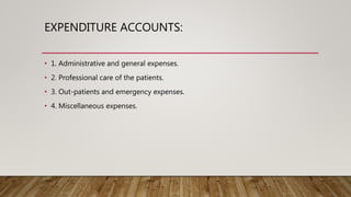 EXPENDITURE ACCOUNTS:
• 1. Administrative and general expenses.
• 2. Professional care of the patients.
• 3. Out-patients and emergency expenses.
• 4. Miscellaneous expenses.
 