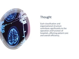 Thought
Each classification and
organizational structure
contribute significantly to the
operation and function of
hospitals, affecting patient care
and overall efficiency.
 