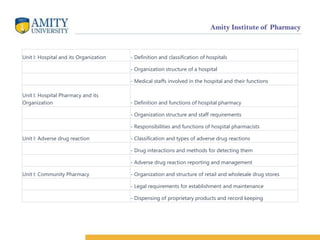 Unit I: Hospital and its Organization - Definition and classification of hospitals
- Organization structure of a hospital
- Medical staffs involved in the hospital and their functions
Unit I: Hospital Pharmacy and its
Organization - Definition and functions of hospital pharmacy
- Organization structure and staff requirements
- Responsibilities and functions of hospital pharmacists
Unit I: Adverse drug reaction - Classification and types of adverse drug reactions
- Drug interactions and methods for detecting them
- Adverse drug reaction reporting and management
Unit I: Community Pharmacy - Organization and structure of retail and wholesale drug stores
- Legal requirements for establishment and maintenance
- Dispensing of proprietary products and record keeping
 