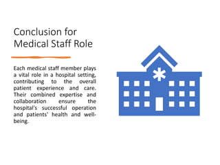 Conclusion for
Medical Staff Role
Each medical staff member plays
a vital role in a hospital setting,
contributing to the overall
patient experience and care.
Their combined expertise and
collaboration ensure the
hospital's successful operation
and patients' health and well-
being.
 