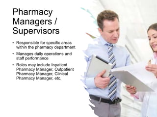 Pharmacy
Managers /
Supervisors
• Responsible for specific areas
within the pharmacy department
• Manages daily operations and
staff performance
• Roles may include Inpatient
Pharmacy Manager, Outpatient
Pharmacy Manager, Clinical
Pharmacy Manager, etc.
 