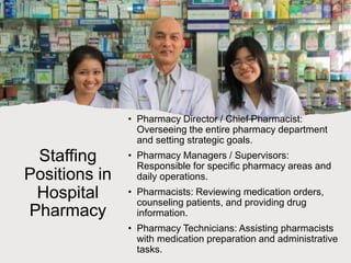 Staffing
Positions in
Hospital
Pharmacy
• Pharmacy Director / Chief Pharmacist:
Overseeing the entire pharmacy department
and setting strategic goals.
• Pharmacy Managers / Supervisors:
Responsible for specific pharmacy areas and
daily operations.
• Pharmacists: Reviewing medication orders,
counseling patients, and providing drug
information.
• Pharmacy Technicians: Assisting pharmacists
with medication preparation and administrative
tasks.
 
