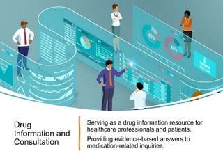 Drug
Information and
Consultation
Serving as a drug information resource for
healthcare professionals and patients.
Providing evidence-based answers to
medication-related inquiries.
 