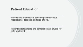 Patient Education
Nurses and pharmacists educate patients about
medications, dosages, and side effects.
Patient understanding and compliance are crucial for
safe treatment.
 