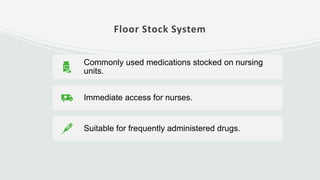 Floor Stock System
Commonly used medications stocked on nursing
units.
Immediate access for nurses.
Suitable for frequently administered drugs.
 