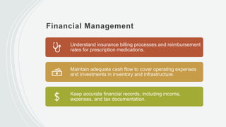 Financial Management
Understand insurance billing processes and reimbursement
rates for prescription medications.
Maintain adequate cash flow to cover operating expenses
and investments in inventory and infrastructure.
Keep accurate financial records, including income,
expenses, and tax documentation.
 