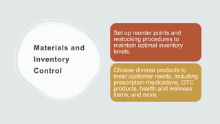 Materials and
Inventory
Control
Set up reorder points and
restocking procedures to
maintain optimal inventory
levels.
Choose diverse products to
meet customer needs, including
prescription medications, OTC
products, health and wellness
items, and more.
 
