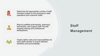 Staff
Management
Determine the appropriate number of staff
members based on the pharmacy's daily
operations and customer traffic.
Recruit qualified pharmacists, pharmacy
technicians, and support staff. Provide
ongoing training and professional
development.
Clearly define roles and responsibilities for
each staff member to ensure efficient
workflow and accountability.
 