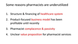Some reasons pharmacists are underutilized
1. Structure & financing of healthcare system
2. Product-focused business model has been
profitable until recently
3. Pharmacist complacence & passivity
4. Unclear value proposition for pharmacist services
 