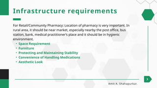 Infrastructure requirements
Amit A. Shahapurkar.
For Retail/Community Pharmacy: Location of pharmacy is very important. In
rural area, it should be near market, especially nearby the post office, bus
station, bank, medical practitioner’s place and it should be in hygienic
environment.
• Space Requirement
• Furniture
• Protecting and Maintaining Stability
• Convenience of Handling Medications
• Aesthetic Look
 
