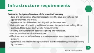 Infrastructure requirements
Amit A. Shahapurkar.
Factors for Designing Structure of Community Pharmacy
1.Ease and convenience of customers (patients): The drug store should not
appear crowded and messy.
2.Appearance should be clean and tidy with professional look.
3.Adequate space for waiting, additional services like patient counselling, blood
pressure, blood sugar, body weight measurements.
4.Healthy atmosphere with adequate lighting and ventilation.
5.Optimum utilisation of available space.
6.Medicines and other healthcare products protected so as to preserve their
potency.
7.Systematic and streamlined operations to avoid unnecessary prolonged waiting
by customers.
 