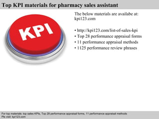 Top KPI materials for pharmacy sales assistant 
The below materials are availabe at: 
kpi123.com 
• http://kpi123.com/list-of-sales-kpi 
• Top 28 performance appraisal forms 
• 11 performance appraisal methods 
• 1125 performance review phrases 
For top materials: top sales KPIs, Top 28 performance appraisal forms, 11 performance appraisal methods 
Pls visit: kpi123.com 
Interview questions and answers – free download/ pdf and ppt file 
