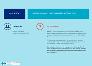 CASE STUDY PHARMACY SAVINGS THROUGH EXPERT NEGOITATIONS
THE CLIENT
Industry: Solid Waste
Number of Employees: 2,000
THE CHALLENGE
A North Carolina based employer approached Marsh & McLennan
Agency (MMA) with concerns around rising medical and pharmacy claim
costs and their potential exposure to penalties from the 2018 Cadillac
Tax.
To identify the contributing factors, our team of benefit specialists
conducted a thorough examination of the employers claim cost drivers
and completed a benefit plan benchmark analysis.
Our evaluation determined the employer was offering significantly
richer benefits than comparable employers in their industry and MMA
also uncovered a much higher than expected per employee per month
pharmacy spend.
 