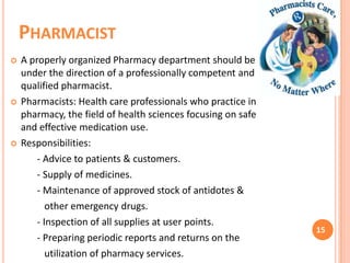 PHARMACIST






A properly organized Pharmacy department should be
under the direction of a professionally competent and
qualified pharmacist.
Pharmacists: Health care professionals who practice in
pharmacy, the field of health sciences focusing on safe
and effective medication use.
Responsibilities:
- Advice to patients & customers.
- Supply of medicines.
- Maintenance of approved stock of antidotes &
other emergency drugs.
- Inspection of all supplies at user points.
- Preparing periodic reports and returns on the
utilization of pharmacy services.

15

 