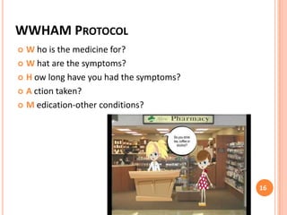 WWHAM PROTOCOL
W ho is the medicine for?
 W hat are the symptoms?
 H ow long have you had the symptoms?
 A ction taken?
 M edication-other conditions?


16

 