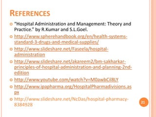 REFERENCES
“Hospital Administration and Management: Theory and
Practice.” by R.Kumar and S.L.Goel.
 http://www.spherehandbook.org/en/health-systemsstandard-3-drugs-and-medical-supplies/
 http://www.slideshare.net/Faseela/hospitaladministration
 http://www.slideshare.net/akareem2/bm-sakharkarprinciples-of-hospital-administration-and-planning-2ndedition
 http://www.youtube.com/watch?v=M0awbCil8LY
 http://www.ipapharma.org/HospitalPharmadivisions.as
px
 http://www.slideshare.net/NcDas/hospital-pharmacy8384928


21

 