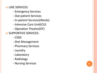 LINE SERVICES:
- Emergency Services
- Out-patient Services
- In-patient Services(Wards)
- Intensive Care Unit(ICU)
- Operation Theatre(OT)
 SUPPORTIVE SERVICES:
- CSSD
- Diet Management
- Pharmacy Services
- Laundry
- Laboratory
- Radiology
- Nursing Services


4

 