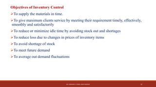 DR. SUBHASH R. YENDE, GNCP NAGPUR 12
Objectives of Inventory Control
To supply the materials in time.
To give maximum clients service by meeting their requirement timely, effectively,
smoothly and satisfactorily
To reduce or minimize idle time by avoiding stock out and shortages
To reduce loss due to changes in prices of inventory items
To avoid shortage of stock
To meet future demand
To average out demand fluctuations
 