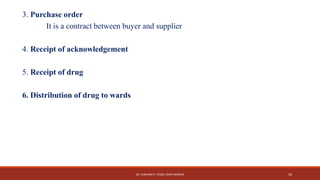 DR. SUBHASH R. YENDE, GNCP NAGPUR 16
3. Purchase order
It is a contract between buyer and supplier
4. Receipt of acknowledgement
5. Receipt of drug
6. Distribution of drug to wards
 