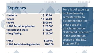 17
Expenses
• Uniform ~ $ 50.00
• Shoes ~ $ 50.00
• Books ~ $500.00
• LABP Permit Application $ 25.00*
• Background check $ 45.00
• Drug Testing $ 25.00*
• PTCE $129.00
• LABP Technician Registration $100.00
For a list of expenses
broken down by
semester with an
estimated time line –
please see the
attachment under
“Estimated Expenses”
in the Orientation
section of the DCC
Program Site
 