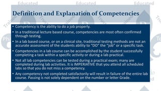 Definition and Explanation of Competencies
• Competency is the ability to do a job properly.
• In a traditional lecture based course, competencies are most often confirmed
through testing.
• In a lab based course, or on a clinical site, traditional testing methods are not an
accurate assessment of the students ability to “DO” the “job” or a specific task.
• Competencies in a lab course can be accomplished by the student successfully
completing a task within a specific activity or during a lab practical.
• Not all lab competencies can be tested during a practical exam; many are
completed during lab activities. It is IMPERIATIVE that you attend all scheduled
labs so that you do not miss a competency.
• Any competency not completed satisfactorily will result in failure of the entire lab
course. Passing is not solely dependent on the number or letter Grade.
 