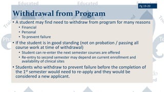 Withdrawal from Program
• A student may find need to withdraw from program for many reasons
• Financial
• Personal
• To prevent failure
• If the student is in good standing (not on probation / passing all
course work at time of withdrawal)
• Student can re-enter the next semester courses are offered
• Re-entry to second semester may depend on current enrollment and
availability of clinical sites
• Students who withdraw to prevent failure before the completion of
the 1st semester would need to re-apply and they would be
considered a new applicant.
Pg 19-20
 