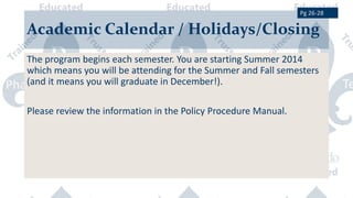 Academic Calendar / Holidays/Closing
The program begins each semester. You are starting Summer 2014
which means you will be attending for the Summer and Fall semesters
(and it means you will graduate in December!).
Please review the information in the Policy Procedure Manual.
Pg 26-28
 