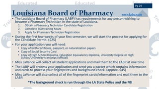 Louisiana Board of Pharmacy www.labp.com
• The Louisiana Board of Pharmacy (LABP) has requirements for any person wishing to
become a Pharmacy Technician in the state of Louisiana.
1. Obtain a Pharmacy Technician Candidate Registration
2. Complete 600 training hours
3. Apply for Pharmacy Technician Registration
• During the first few weeks of your first semester, we will start the process for applying for
the Candidate Permit. ($25)
• For your application you will need:
• Copy of birth certificate, passport, or naturalization papers
• Copy of Social Security Card
• Copy of High School Diploma, Education Equivalency Diploma, University Degree or High
School/University transcript (official)
• Miss LaVance will collect all student applications and mail them to the LABP at one time
• The LABP will process your application and send you a packet which contains information
and cards to process your fingerprints and background check. (approx. $45)
• Miss LaVance will also collect all of the fingerprint cards/information and mail them to the
LABP.
*The background check is run through the LA State Police and the FBI
Pg 29
 