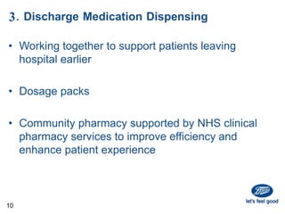 3. Discharge Medication Dispensing
• Working together to support patients leaving
hospital earlier
• Dosage packs
• Community pharmacy supported by NHS clinical
pharmacy services to improve efficiency and
enhance patient experience
10
 