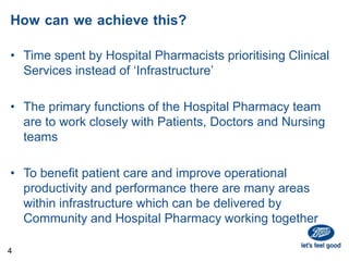 How can we achieve this?
• Time spent by Hospital Pharmacists prioritising Clinical
Services instead of ‘Infrastructure’
• The primary functions of the Hospital Pharmacy team
are to work closely with Patients, Doctors and Nursing
teams
• To benefit patient care and improve operational
productivity and performance there are many areas
within infrastructure which can be delivered by
Community and Hospital Pharmacy working together
4
 