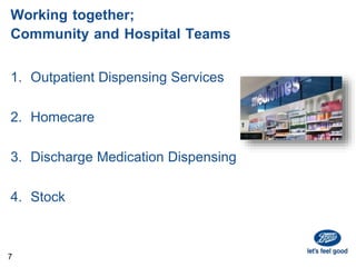 Working together;
Community and Hospital Teams
1. Outpatient Dispensing Services
2. Homecare
3. Discharge Medication Dispensing
4. Stock
7
 