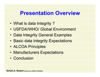 Presentation OverviewPresentation Overview
• What is data Integrity ?What is data Integrity ?
• USFDA/WHO/ Global Environment
D t I t it G l E l• Data Integrity General Examples
• Basic data Integrity Expectations
• ALCOA Principles
• Manufacturers ExpectationsManufacturers Expectations
• Conclusion
Girish A. Swami (M.Pharma, PGDIPR, PGDDRA)
 