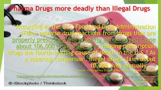 Pharma Drugs more deadly than Illegal Drugs
“According to the U.S. Food and Drug Administration
(FDA), adverse drug reactions from drugs that are
properly prescribed and properly administered cause
about 106,000 deaths per year, making prescription
drugs the fourth-leading cause of death in the U.S.! As
a sobering comparison, illegal drugs claim about
10,000 lives annually...”
Source: 15 Dangerous Drugs Big Pharma Shoves Down Your Throat
www.mercola.com
http://articles.mercola.com/sites/articles/archive/2010/12/09/15-dangerous-drugs-big-pharma-shoves-down-our-
throats.aspx
December 09, 2010
 