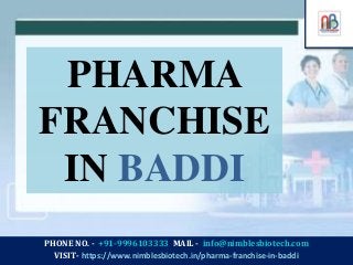 PHONE NO. - +91-9996103333 MAIL - info@nimblesbiotech.com
VISIT- https://www.nimblesbiotech.in/pharma-franchise-in-baddi
PHARMA
FRANCHISE
IN BADDI
 