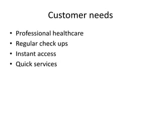 Customer needs
• Professional healthcare
• Regular check ups
• Instant access
• Quick services
 