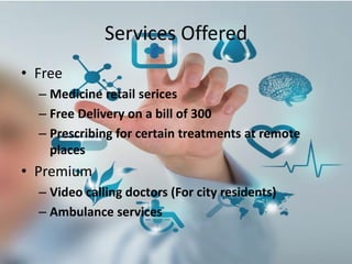 Services Offered
• Free
– Medicine retail serices
– Free Delivery on a bill of 300
– Prescribing for certain treatments at remote
places
• Premium
– Video calling doctors (For city residents)
– Ambulance services
 