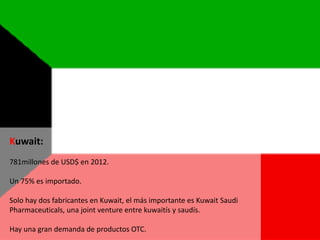 Kuwait:
781millones de USD$ en 2012.
Un 75% es importado.
Solo hay dos fabricantes en Kuwait, el más importante es Kuwait Saudi
Pharmaceuticals, una joint venture entre kuwaitís y saudís.
Hay una gran demanda de productos OTC.
 