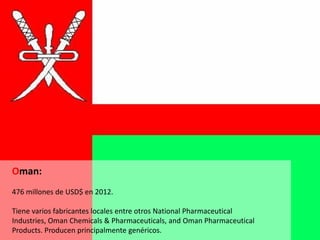 Oman:
476 millones de USD$ en 2012.
Tiene varios fabricantes locales entre otros National Pharmaceutical
Industries, Oman Chemicals & Pharmaceuticals, and Oman Pharmaceutical
Products. Producen principalmente genéricos.
 