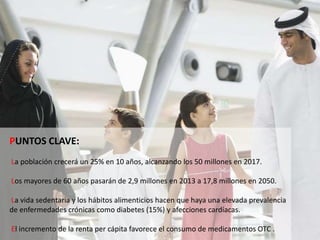 PUNTOS CLAVE:
La población crecerá un 25% en 10 años, alcanzando los 50 millones en 2017.
Los mayores de 60 años pasarán de 2,9 millones en 2013 a 17,8 millones en 2050.
La vida sedentaria y los hábitos alimenticios hacen que haya una elevada prevalencia
de enfermedades crónicas como diabetes (15%) y afecciones cardíacas.
El incremento de la renta per cápita favorece el consumo de medicamentos OTC .
 