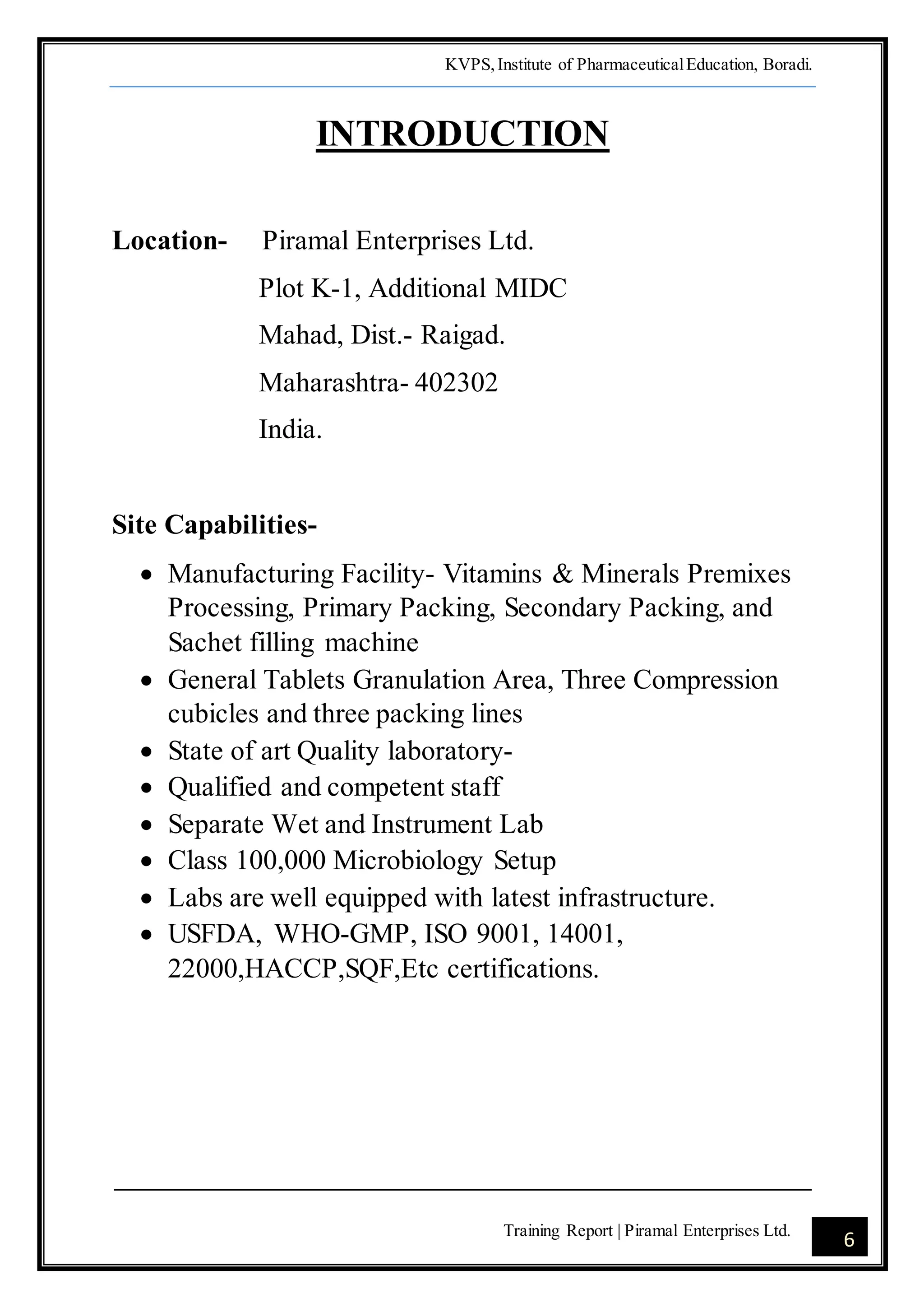 pharmacy Industrial training report | PDF