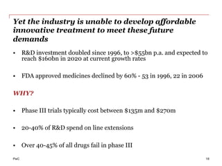 PwC
Yet the industry is unable to develop affordable
innovative treatment to meet these future
demands
18
Fuente: Lawton R. Burns. “The Health Care Value Chain”. San Francisco. Jossey-Bass. 2002.
•  R&D investment doubled since 1996, to >$55bn p.a. and expected to
reach $160bn in 2020 at current growth rates
•  FDA approved medicines declined by 60% - 53 in 1996, 22 in 2006
WHY?
•  Phase III trials typically cost between $135m and $270m
•  20-40% of R&D spend on line extensions
•  Over 40-45% of all drugs fail in phase III
 