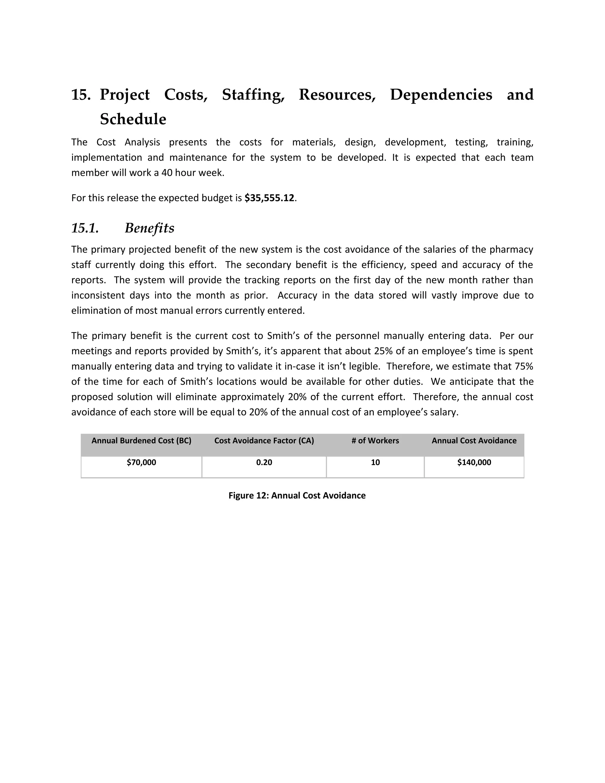 15. Project Costs, Staffing, Resources, Dependencies and
        Schedule
The Cost Analysis presents the costs for materials, design, development, testing, training,
implementation and maintenance for the system to be developed. It is expected that each team
member will work a 40 hour week.

For this release the expected budget is $35,555.12.

15.1.       Benefits
The primary projected benefit of the new system is the cost avoidance of the salaries of the pharmacy
staff currently doing this effort. The secondary benefit is the efficiency, speed and accuracy of the
reports. The system will provide the tracking reports on the first day of the new month rather than
inconsistent days into the month as prior. Accuracy in the data stored will vastly improve due to
elimination of most manual errors currently entered.

The primary benefit is the current cost to Smith’s of the personnel manually entering data. Per our
meetings and reports provided by Smith’s, it’s apparent that about 25% of an employee’s time is spent
manually entering data and trying to validate it in-case it isn’t legible. Therefore, we estimate that 75%
of the time for each of Smith’s locations would be available for other duties. We anticipate that the
proposed solution will eliminate approximately 20% of the current effort. Therefore, the annual cost
avoidance of each store will be equal to 20% of the annual cost of an employee’s salary.

    Annual Burdened Cost (BC)   Cost Avoidance Factor (CA)      # of Workers      Annual Cost Avoidance

            $70,000                       0.20                         10               $140,000


                                    Figure 12: Annual Cost Avoidance
 