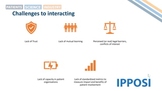 Challenges to interacting
Lack of Trust Lack of mutual learning Perceived (or real) legal barriers,
conflicts of interest
Lack of capacity in patient
organisations
Lack of standardized metrics to
measure impact and benefits of
patient involvement
 